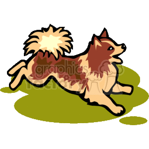 This image is a cartoon of a small dog with a fluffy tail, brown and lighter fur. It is in the process of running across grass