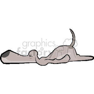 The clipart image depicts a cartoon-style illustration of a dog lying down, appearing to be asleep. The dog has a relaxed posture with its body stretched out on the ground, its tail slightly raised, and its head resting flat on the surface. The colors are simplified, indicating it is designed for easy visual interpretation typical of clipart.