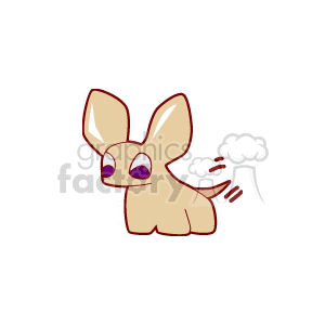The image shows a stylized, cartoon representation of an animal with large ears, likely intended to be a simplified or whimsical depiction of perhaps a fennec fox or a fictional creature. The creature has big purple eyes, a tiny tail, and a small body. It appears to be beige or light brown, with its ears pricked up as if it's listening to something, and motion lines near its tail, indicating that it might be wagging.