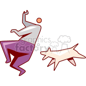 The clipart image features a stylized representation of a man in a state of alarm or panic, seemingly running away or trying to avoid a dog that appears to be in a chase or potentially aggressive posture. The man is depicted with his arms up and one leg lifted, suggesting movement and urgency. The dog has a pointed snout and tail, with its body positioned in a streamlined shape indicative of motion. The expressions and positions of the characters imply a sense of urgency or fear from the man and assertive pursuit from the dog.