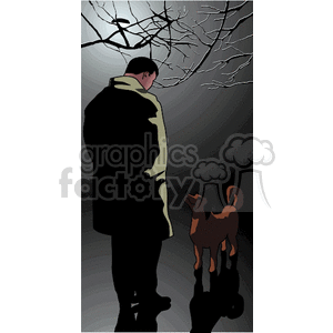 The clipart image features a silhouette of a person standing with two dogs during the night time. The person is wearing a coat and appears to be looking down towards the dogs. Trees and a dark sky are visible in the background, suggesting an outdoor nighttime setting.