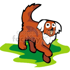 The image features a stylized, cartoon illustration of a brown and white dog standing on a green surface which could be grass. The dog looks cheerful and is drawn with exaggerated features for a playful effect.