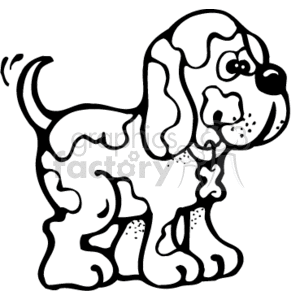 The image is a black-and-white clipart illustration of a cute puppy. The dog has floppy ears, a wagging tail, spots on its body, and a joyful expression. The style is simple and cartoonish, which is common for clipart.