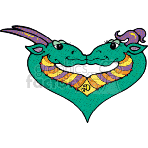 The clipart image shows a fanciful, two-headed dragon with both heads leaning towards each other as if they are kissing. The creatures' necks and heads form a heart shape. The dragons have scales in multiple colors and both have horns and a mane or tuft of hair. The style is whimsical and colorful, intended to represent a sense of affection or love between the two-headed dragon. The image fits a fantasy or country-style genre and might be used for decorative purposes or in storytelling for children.