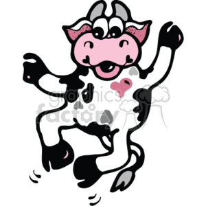 The image is a black and white clipart of a happy, dancing cow. The cow has a cartoonish appearance with spots on its body, a cheerful smile, and a pink snout and inner ears. It appears to be jumping or dancing with its limbs outstretched. This image evokes a country or farm-style theme, typically associated with dairy animals like cows.