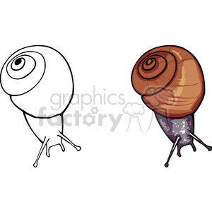 The image contains two cartoon representations of snails. On the left is a line drawing of a snail with an uncolored shell and body. On the right is a colored illustration of a snail with a brown shell and a grayish-purple body.