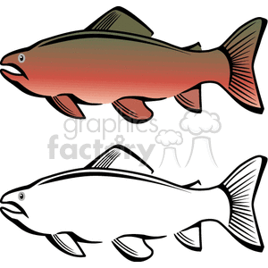 This clipart image depicts two stylized fish. The fish on top is colored with shades of red and brown, while the fish on the bottom is illustrated with a black outline and appears to be white or lightly shaded. They are drawn in a side profile view, and both seem to be of the same species.