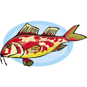 The clipart image features a colorful, stylized fish with patterns on its body. It has prominent dorsal fins, a swirling design on the background suggesting water, and whisker-like protrusions near its mouth.