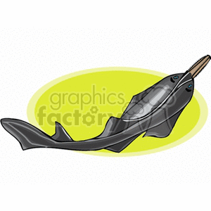 The image is a simple clipart illustration of a stylized fish with a long, slender body and a pointed snout, suggesting it might be an eel or an eel-like fish. The fish is depicted in shades of dark gray, with visible fins and cartoonish eyes. It's set against a light yellow oval background, which highlights the shape of the fish.