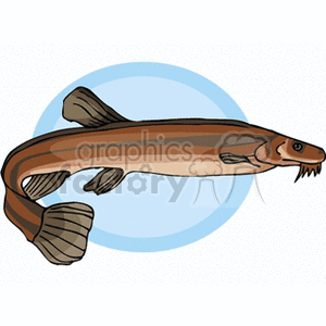 The clipart image depicts a cartoon of an eel against a circular blue background. The eel is illustrated with a slender, elongated body and typical features such as a tapered tail and small pectoral fins.