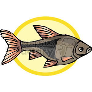 The image is a clipart illustration of a fish with a yellow background. The fish has a gray body, with fins and tail highlighted in pink and orange tones. It has a simple, cartoon-style design with a clearly visible eye and a slightly open mouth.