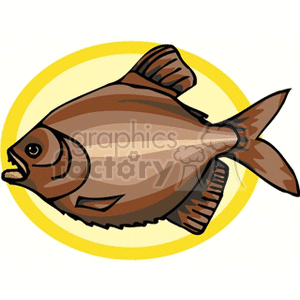 The clipart image depicts a stylized illustration of a fish with a brown body and visible fins. The fish is set against a yellow, circular background.