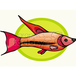 The clipart image depicts a stylized, cartoon-like fish. The fish is colored in shades of peach and has accents of red on its fins and tail. The background is a simple, abstract shape with a gradient of green, suggesting it may be swimming or placed against a stylized representation of water.