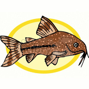 The clipart image shows a stylized illustration of a brown catfish. The catfish has whisker-like barbels near its mouth, a common characteristic of real catfish. It's positioned against a yellow oval background.