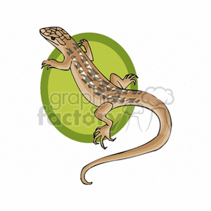 The image is a clipart illustration of a brown lizard with a pattern of darker spots and stripes on its back. The lizard is depicted in profile, with noticeable limb details and a curled tail. It appears to be superimposed on a circular light green background.