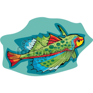 The clipart image features a colorful tropical fish with a pattern of dots and stripes, large fins, and a prominent tail. The fish is set against a simple, stylized blue water background, suggesting an aquatic environment.