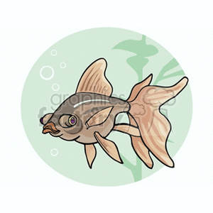 The image is a clipart illustration of a cartoon fish. It features a side view of a brown and beige fish with large fins and a prominent eye, against a background with a green seaweed silhouette and bubbles, suggesting an underwater setting. The fish has a somewhat exaggerated, whimsical design, common for illustrations aimed at children or for decorative purposes.