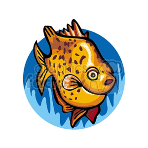 This clipart image features a stylized tropical fish with a cartoonish appearance. The fish has prominent, round eyes, and its body is adorned with patterns resembling spots. The coloration of the fish includes shades of yellow, orange, and brown, with hints of red on the fins. The fish is set against a backdrop of blue water, suggesting its aquatic habitat.