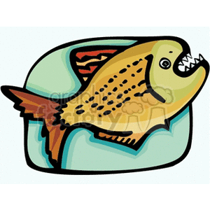 This clipart image features a stylized fish with exaggerated features such as large teeth and eyes, decorated with a pattern of spots and stripes. The fish is depicted in a dynamic pose that suggests movement, set against a light blue background that implies a watery environment.