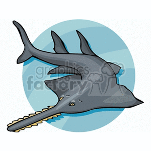 This clipart image features a stylized representation of a swordfish or a marlin. The fish is depicted with a long bill, a characteristic of these species. The coloration is primarily gray with a lighter underbelly. It has two dorsal fins with the front one being significantly larger and elongated. The background is a simple, light blue circle, likely representing water.