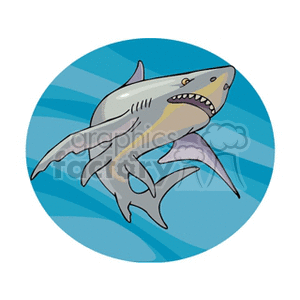 This is a clipart image of a stylized great white shark. The shark is depicted with exaggerated features such as a prominent dorsal fin, sharp teeth, and a slightly cartoonish appearance. The background consists of blue wavy lines, suggesting an aquatic environment, possibly the ocean.