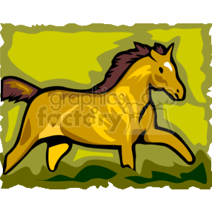 The clipart image features a stylized depiction of a horse. The horse is portrayed in mid-gallop with its legs extended, suggesting movement. The background is a simplistic representation of a natural setting, likely hinting at a farm or pasture environment, which would be a common place to find horses. The colors are bright and cartoonish, with the horse illustrated in shades of brown and tan, and the background in varying hues of green.