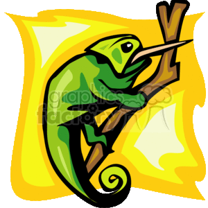 This image depicts a stylized clipart of a green chameleon. The chameleon is perched on a brown branch with its tail curled up in a spiral fashion, a characteristic pose seen in real chameleons. The background features abstract yellow and white shapes that give a bright contrast to the green color of the chameleon.