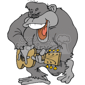 The clipart image shows an animated gorilla playing a guitar. The gorilla appears to be singing or vocalizing with an open mouth and looks to be enjoying the music it's playing. It's an illustration capturing a quirky and fun depiction of a gorilla engaging in a very human activity.