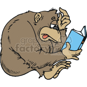 The clipart image depicts a cartoon of a gorilla engaged in reading a book. The gorilla appears focused and thoughtful, which adds a humorous touch as it anthropomorphizes the animal by showing it doing a typically human activity associated with learning and education. The image is likely intended to be funny and entertaining while possibly conveying themes of literacy, study, and the joy of reading.