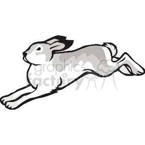 The clipart image depicts a single rabbit in motion, often referred to as a bunny. This rabbit appears to be leaping or running to the right, with its ears back and its legs extended, capturing the dynamic movement of the animal. The rabbit is rendered in a simple grayscale palette, indicating it could be used for Easter-themed materials or related to animals, specifically rabbits.
