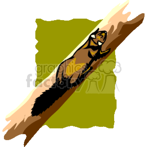 The clipart image depicts a stylized representation of a mink climbing on a tree branch. The background is a simple two-tone abstraction, with the mink illustrated in a graphic manner with bold outlines and simplified coloring to highlight its features.