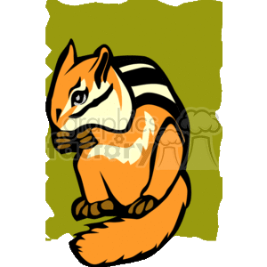 The clipart image depicts a stylized chipmunk. The chipmunk has characteristic features such as a striped back, bushy tail, and a holding pose that often suggests it could be eating or holding food. The coloration is typical of chipmunks, with shades of orange and black stripes. The background is green, possibly representing grass or foliage.