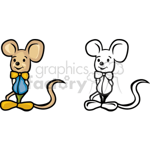 The clipart image presents two cartoon-styled mice. On the left, there is a colored illustration of a mouse with a light brown fur, wearing a blue vest, yellow bowtie, and yellow shoes. On the right is the outline version of the same mouse, which could be used for coloring, depicted in black and white with a bowtie.