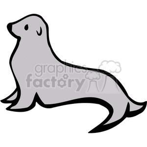The image shows a simplified depiction of a seal. It is a cartoon-like illustration, using a limited color palette, with the seal colored in shades of grey and outlined in black. The animal appears to be in a resting position but poised to move, possibly towards water.