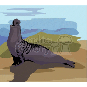 The clipart image depicts a walrus resting on a sandy shore with a body of water and some landforms in the background. 