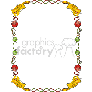The clipart image features a decorative border with a playful theme. It includes illustrations of yellow cats at each of the four corners, each peeking from behind the border. Two cats are at the top corners and two at the bottom. Along the sides of the border, there are colorful balls of yarn, depicted in red and green, which appear to be hanging from a string or yarn that twists down the length of the sides. The balls of yarn are arranged in an alternating pattern creating a whimsical frame. The center of the image is empty, typically used for inserting text or other content. The overall design suggests a crafty or feline-themed motif, perfect for cat lovers or activities related to knitting or crochet.