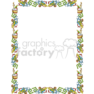 The clipart image features a decorative border designed with motifs of birthday celebrations. At various points along the border, there are colorful images of birthday cakes with candles. Additionally, the border is embellished with festoons of ribbon and other celebratory decorations in bright colors such as blue, yellow, orange, and green. The center of the image is a blank space, surrounded by these birthday-themed decorations, where text or other content can be added.