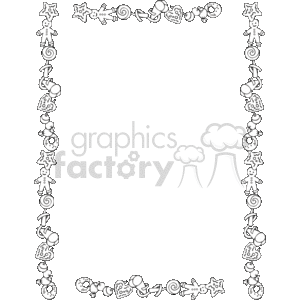 This is a black and white clipart image featuring a decorative border made up of gingerbread man cookies and other holiday-themed sweets, such as candy canes and stars, arranged in a symmetrical pattern along the edges of the frame. The design is festive and commonly associated with Christmas or holiday decorations.