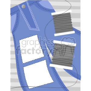 The image depicted is a stylized clipart representation of a pair of blue jeans. Features such as pockets, seams, and the waistband are indicated by dotted line details. There are black areas that seem to signify either patches or pockets. The background is a striped grey design. The overall image portrays a casual garment, commonly worn in many parts of the world, as well as a customization / repair of clothing 