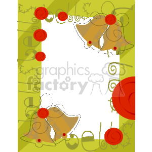 This is a decorative clipart image designed as a border or frame for the holiday season, specifically Christmas. The image features a bright lime green background with festive red and yellow elements. On two corners, there are stylized golden bells with red accents, tied with whimsical green ribbons that curl and loop around the border. Intertwined with the bells and ribbons are red circular designs that resemble flowers or berries. Throughout the design, there are also abstract squiggles and shapes in a lighter green, adding to the festive look. The center of the image is left as a blank black space, where text or additional graphics can be inserted, making this suitable for a holiday card, invitation, or any Christmas-themed announcement or document.