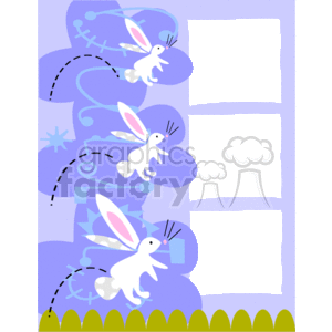 This is a decorative Easter-themed clipart image. It features a border or frame design with three distinct sections that could serve as placeholders for text or images. The design includes elements such as:
- Cartoon-style rabbits or bunnies in various poses, some depicted as hopping.
- Easter egg motifs, with one egg appearing to be decorated with patterns.
- A grass-like green border at the bottom, suggesting a field or garden setting.
- Pastel colors, primarily in shades of purple and blue, with accents of pink and white for the bunny details.
- Dotted lines, possibly representing paths or motion trails for the bunnies.
The overall theme is festive and playful, reflecting the celebratory atmosphere typically associated with the Easter holiday. The spaces within the frame are left blank, likely intended for customization with personal photos or messages.