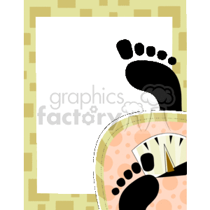 The clipart image features a stylized design of a mechanical bathroom scale, commonly used to measure body weight. It is shown in a partial view, with the silhouette of a foot, indicating the action of stepping onto the scale. The scale itself has a peach-colored surface with polka dots and a round dial with numbers depicted in a semicircle, a typical representation of how scales display weight. The dial needle points to a certain number on the scale, although the exact weight is not specified. The background consists of a black frame with a pattern of beige squares. The overall image is likely intended for use as a border or frame in documents related to household items, exercise, or health and wellness themes.