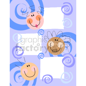 This is a colorful and playful clipart image that features a border or frame design with various swirls and spiral patterns. The image includes cartoon-like illustrations of three smiling kid faces with different skin tones, suggesting a theme of diversity and inclusivity. The kids have simplistic features such as dots for eyes and curved lines for smiles, giving them a cheerful and friendly appearance.
The background of the frame is a light color, possibly white, with blue decorative swirls and spirals that create a whimsical and fun atmosphere. There are also three rectangular blank spaces within the borders that could be used to insert text or additional images. The overall design seems ideal for children-focused materials such as invitations, posters, educational content, or any creative project aiming to convey a sense of joy and unity among kids from diverse backgrounds.
