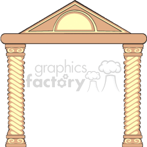 This clipart image shows a stylized representation of an architectural structure with elements suggestive of Roman design. Specifically, the image features two pillars or columns with a decorative, spiraling pattern, which are supporting a straight entablature and a triangular pediment above. There appears to be a semicircular arch or dome-like element within the pediment. This portrayal could be indicative of an entryway or gateway that borrows from classical Roman architecture, typically characterized by the use of columns, arches, and strong symmetry.
