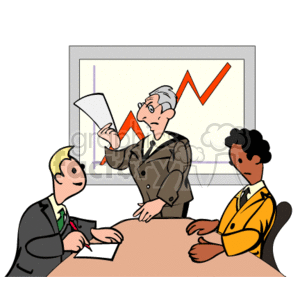 The clipart image depicts a business meeting setting with three individuals. One person is standing at the front holding a document, appearing to present information or lead the meeting. Behind this individual is a large chart with a rising trend line, suggesting the discussion is about positive financial performance, profit increase, or growth. The other two individuals are seated at a table, facing the presenter, likely listening to or engaging in the discussion. The image conveys a theme of corporate business, financial review, or strategic planning.