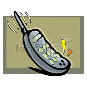 The clipart image features a stylized representation of a mobile phone or cell phone. The phone is depicted with an antenna, a display screen, and several buttons. The image is simplified, with bold outlines and limited shading, characteristic of clipart. There is a signal icon next to the phone, indicating signal strength or reception. The phone appears to be an older model due to the presence of an external antenna, or could also be a cordless house phone