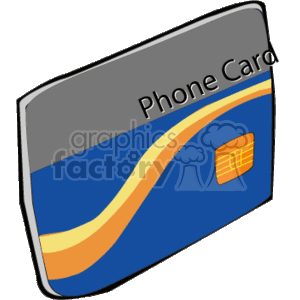 The clipart image depicts a stylized representation of a phone card. The card is primarily blue with a wavy orange and yellow line across it, which is a common design feature to add visual interest. The card is labeled with the words Phone Card in the upper portion, indicating its intended use for making telephone calls. Additionally, there's an image of a chip on the lower right side, similar to those found on credit and debit cards, which suggests this phone card might be a smart card used for payment or identification as part of telecommunication services. The card appears to be slightly angled to give a 3D effect.