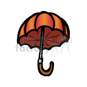 The clipart image depicts a single open umbrella. It features a pattern with shades of red and orange on the canopy, and has a brown handle with a hooked end.