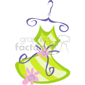 The image is a clipart of a bright green dress with pink and purple floral designs. The dress appears to have a striped pattern and is hanging from a stylishly curved hanger. There seems to be a ribbon tied around the waist with a bow on the front, adding a decorative touch to the dress. The overall style suggests a playful and vibrant piece of clothing, possibly for a casual or springtime occasion.