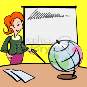 The clipart image features a female teacher in a classroom setting, standing at a desk. She's pointing to a colorful globe on the desk, indicating a geography lesson or discussion about planet Earth. Behind her is a blank projection screen, suggesting that a lecture or presentation may be taking place or about to start. The teacher appears to be engaged and possibly explaining a concept, with a happy and determined expression. There's also a sheet of paper on the desk, which could be a lesson plan or notes for the class.